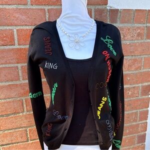 Moschino Women's Black Cardigan Sweater with beaded words.
